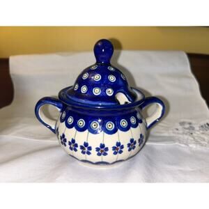 Boleslawiec Polish Pottery Flowering Peacock Sugar Bowl 4.5” X 5”